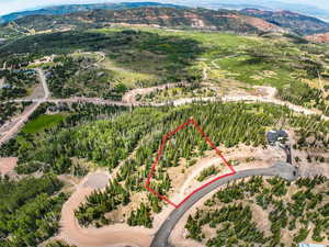 Aerial overview of property's location with property parcel outlined and mountains