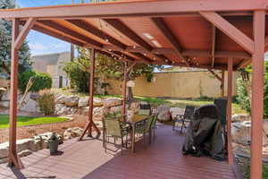 Deck with outdoor dining space and a fenced backyard