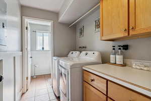 Washroom featuring cabinet space, washing machine and dryer, light tile patterned floors, and electric panel