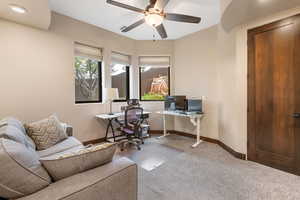 Office featuring carpet, ceiling fan, and recessed lighting