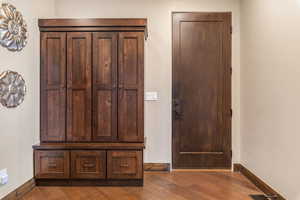 Entrance foyer featuring baseboards and dark wood-type flooring