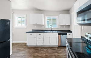 Kitchen with stainless steel appliances, healthy amount of natural light, and dark countertops