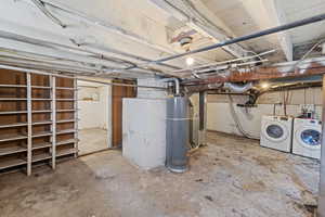 Unfinished below grade area with washer and dryer and water heater