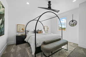 Bedroom with carpet flooring, recessed lighting, and ceiling fan