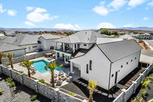 Aerial view of residential area with a pool