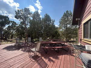 Wooden terrace featuring outdoor dining space and view of scattered trees