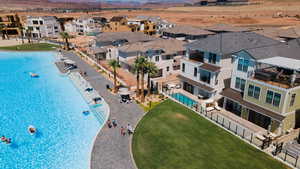 Aerial perspective of suburban area with a pool area