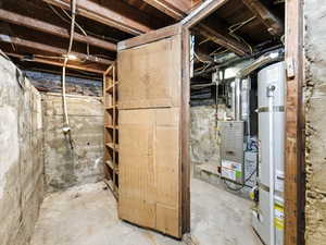 Unfinished basement with secured water heater and heating unit