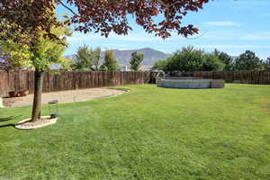Fenced backyard with a mountain view