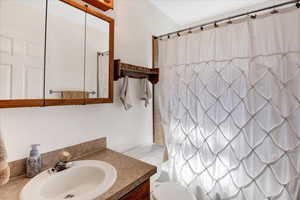 Bathroom featuring vanity and curtained shower