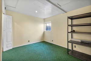Below grade area featuring carpet flooring and a textured ceiling