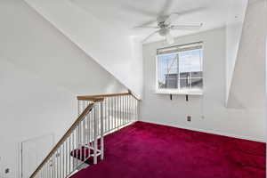 Stairs with carpet flooring and a ceiling fan