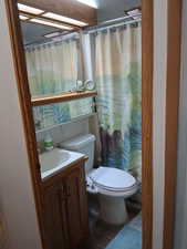 Full bath featuring vanity, wood finished floors, and a shower with curtain