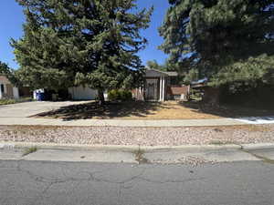 Obstructed view of property with concrete driveway, a garage, and brick siding