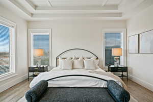 Bedroom featuring a tray ceiling, wood finished floors, and multiple windows