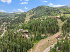 Aerial view of property and surrounding area with a mountainous background and a heavily wooded area