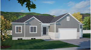View of front of property featuring a front lawn, a garage, driveway, and entry steps