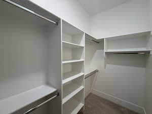 Walk in closet featuring dark carpet