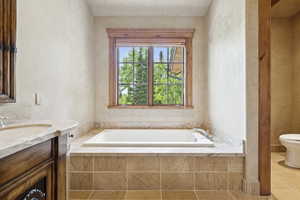 Bathroom with vanity, a garden tub, and tile patterned flooring