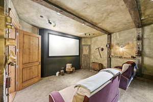 Home theater room featuring carpet floors