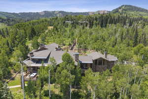 View from above of property featuring a forest and a mountain backdrop