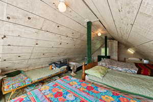 Bedroom with lofted ceiling