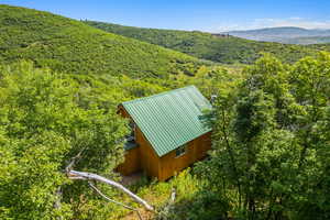 View of subject property with a heavily wooded area and a mountainous background