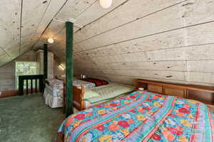 Bedroom with carpet floors and vaulted ceiling