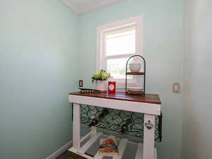 Detailed view of crown molding and baseboards
