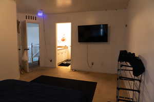 Bedroom featuring connected bathroom and light colored carpet