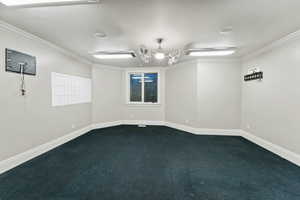 Empty room with crown molding and dark carpet
