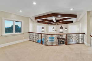 Carpeted empty room featuring a ceiling fan, beam ceiling, and recessed lighting