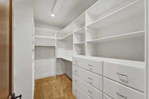 Walk in closet featuring light carpet