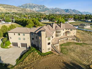 Aerial view of residential area with a mountain backdrop