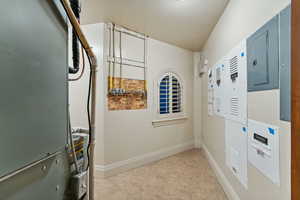 Interior space featuring heating unit and electric panel