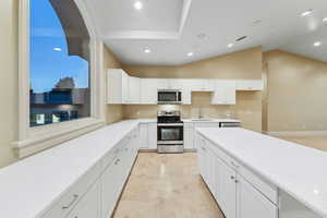 Kitchen with stainless steel appliances, lofted ceiling, white cabinetry, recessed lighting, and light countertops