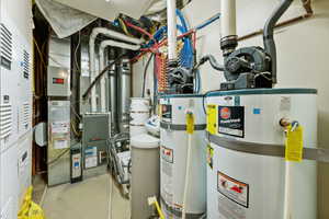 Utilities featuring water heater and heating unit