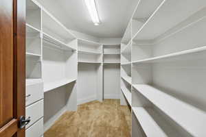 Walk in closet with light carpet