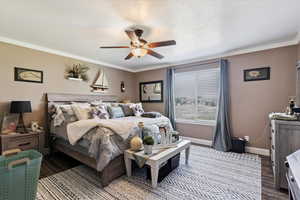 Bedroom with crown molding, wood finished floors, a ceiling fan, and a textured ceiling