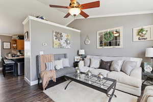 Living room with vaulted ceiling, crown molding, dark wood finished floors, and ceiling fan