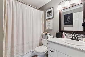 Full bathroom featuring vanity, ornamental molding, backsplash, and shower / tub combo