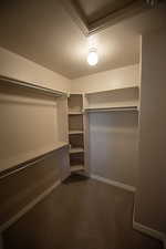 Walk in closet with dark carpet