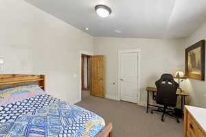 Carpeted bedroom with vaulted ceiling and baseboards
