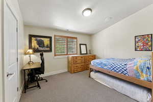 Bedroom with light carpet and an office area
