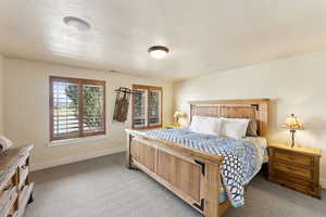 Bedroom featuring light carpet and a textured ceiling