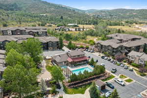 Aerial view of residential area with a mountain backdrop