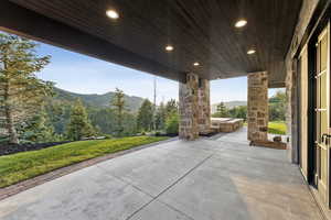 View of patio with a mountain view