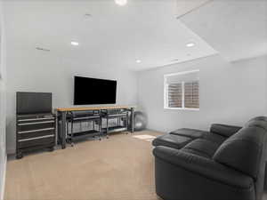 Living room with carpet floors and recessed lighting
