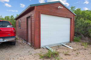 View of detached garage