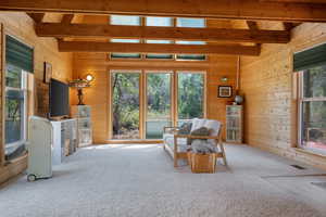 Carpeted living area featuring beam ceiling, plenty of natural light, and wooden walls